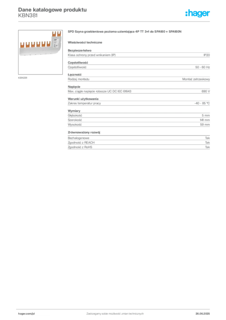 Zdjęcie Hager Dane katalogowe produktu KBN381 | Hager Polska
