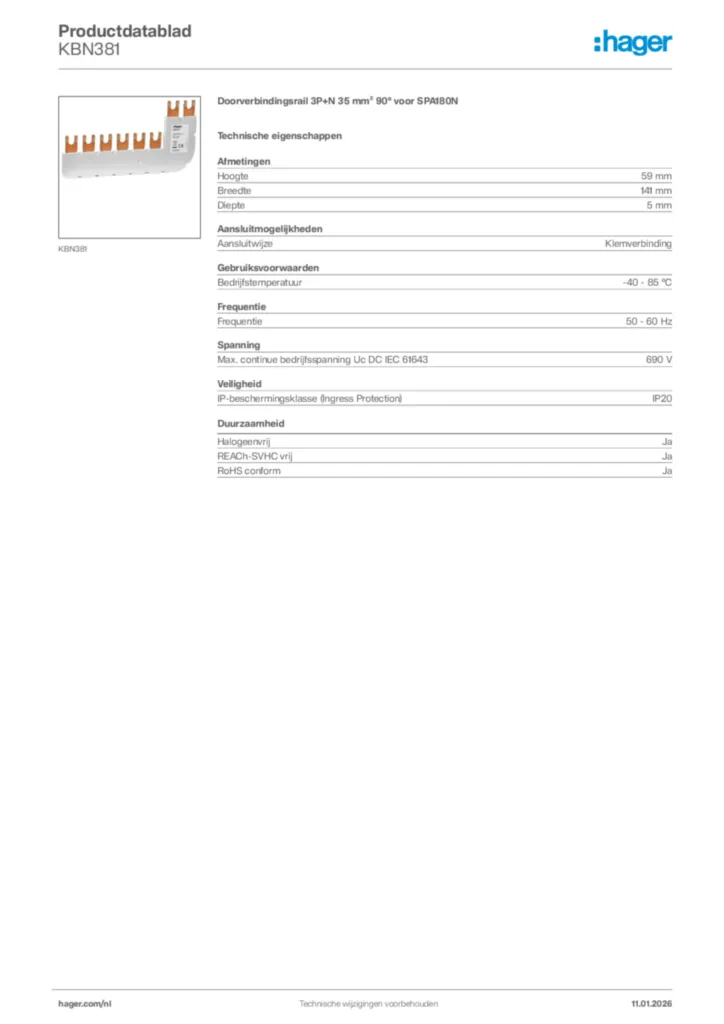 Afbeelding Hager Productdatablad KBN381 | Hager Nederland