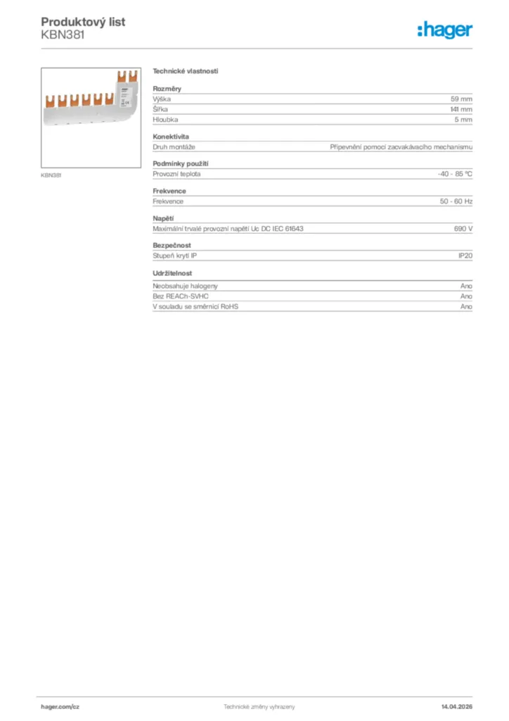 Obrázek Hager Product data sheet KBN381 | Hager
