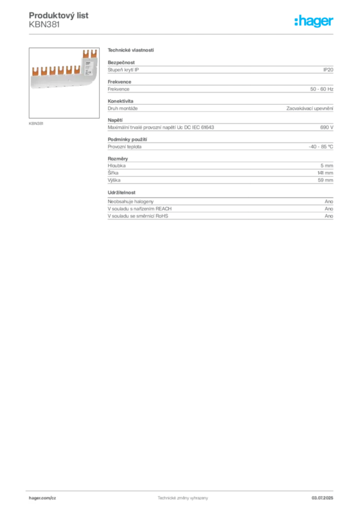 Obrázek Hager Produktový list KBN381 | Hager