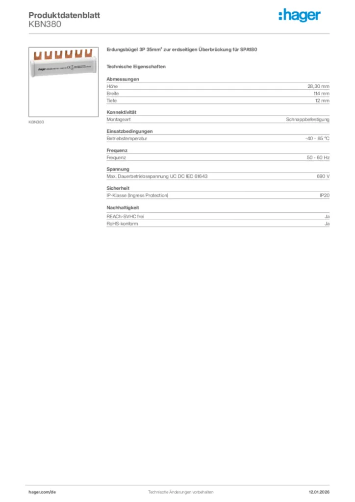 Bild Hager Produktdatenblatt KBN380 | Hager Deutschland