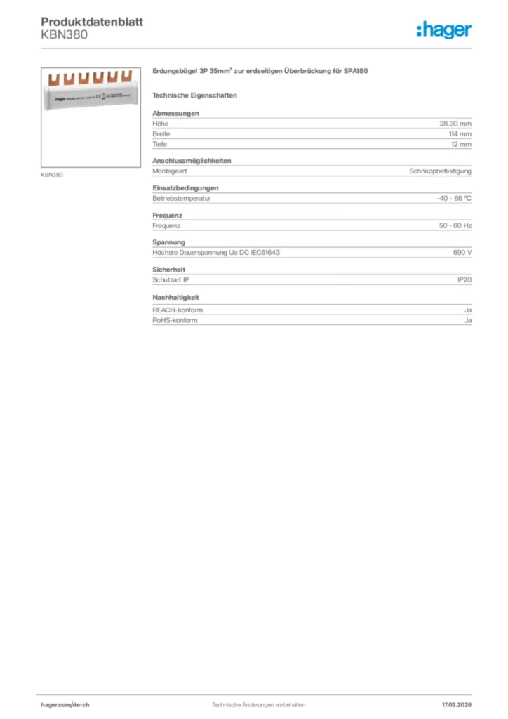 Bild Hager Produktdatenblatt KBN380 | Hager Schweiz