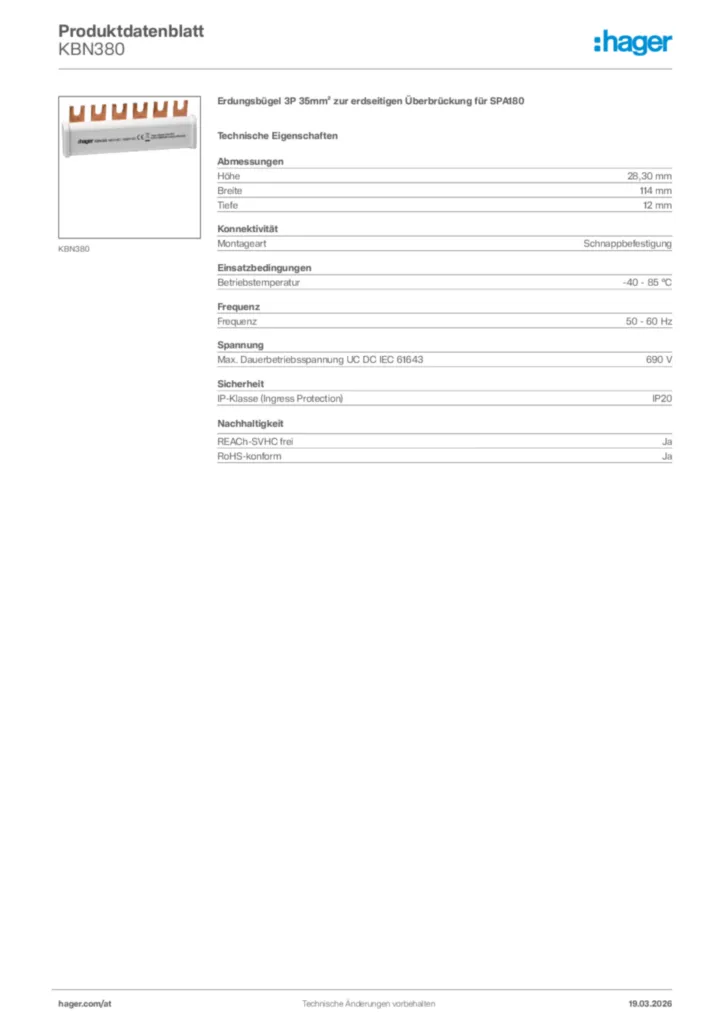Bild Hager Produktdatenblatt KBN380 | Hager Deutschland