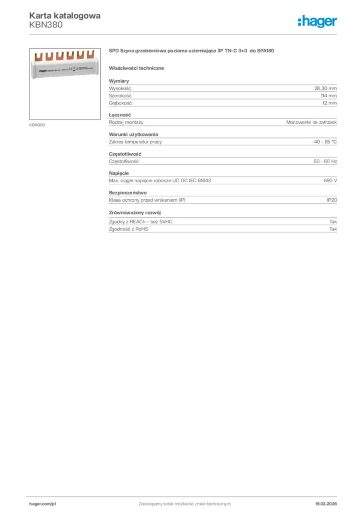 Zdjęcie Hager Karta katalogowa KBN380 | Hager Polska