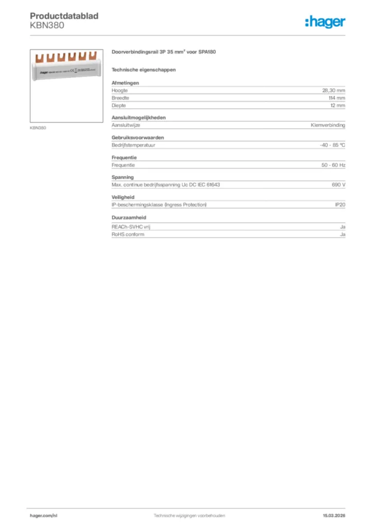 Afbeelding Hager Productdatablad KBN380 | Hager Nederland