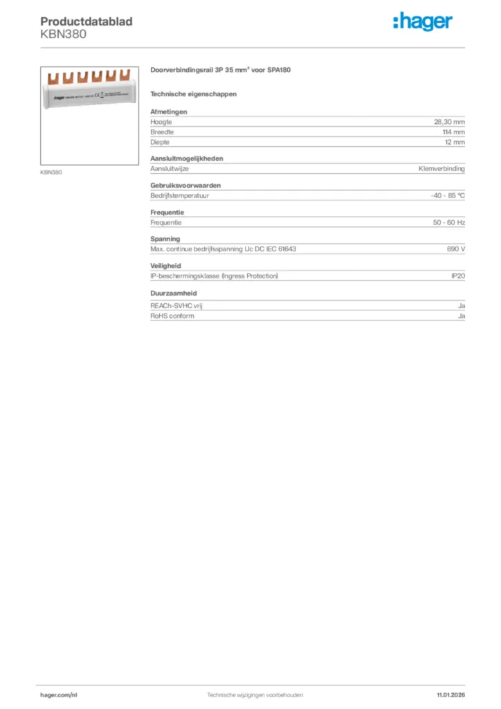 Afbeelding Hager Productdatablad KBN380 | Hager Nederland