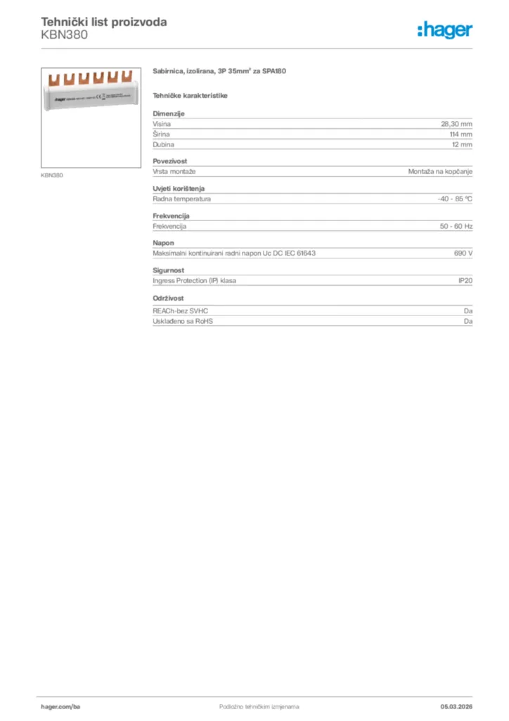 Slika Hager Tehnički list proizvoda KBN380  | Hager