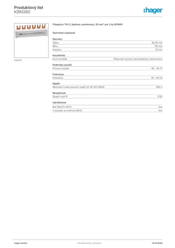 Obrázek Hager Product data sheet KBN380 | Hager