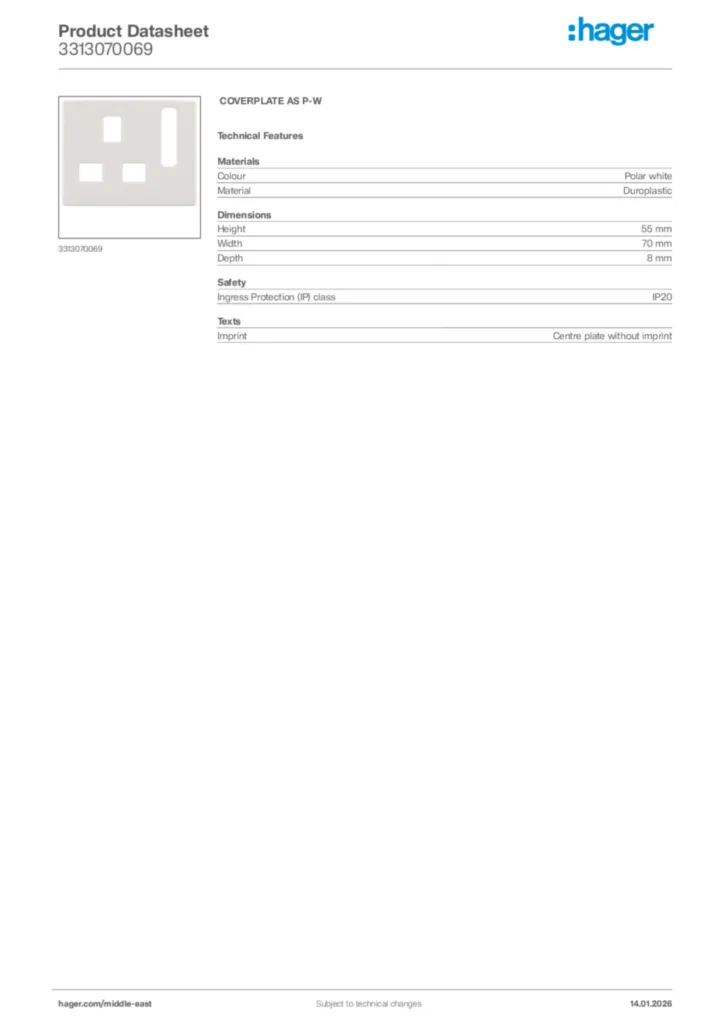 Image Hager Product data sheet 3313070069  | Hager
