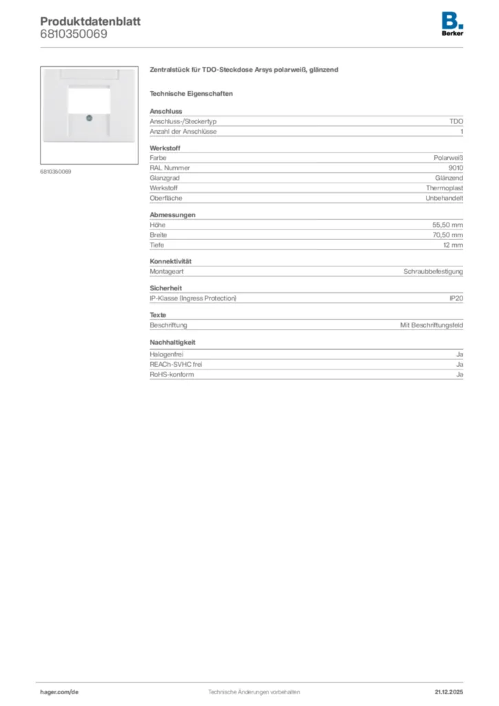 Bild Berker Produktdatenblatt 6810350069 | Hager Deutschland