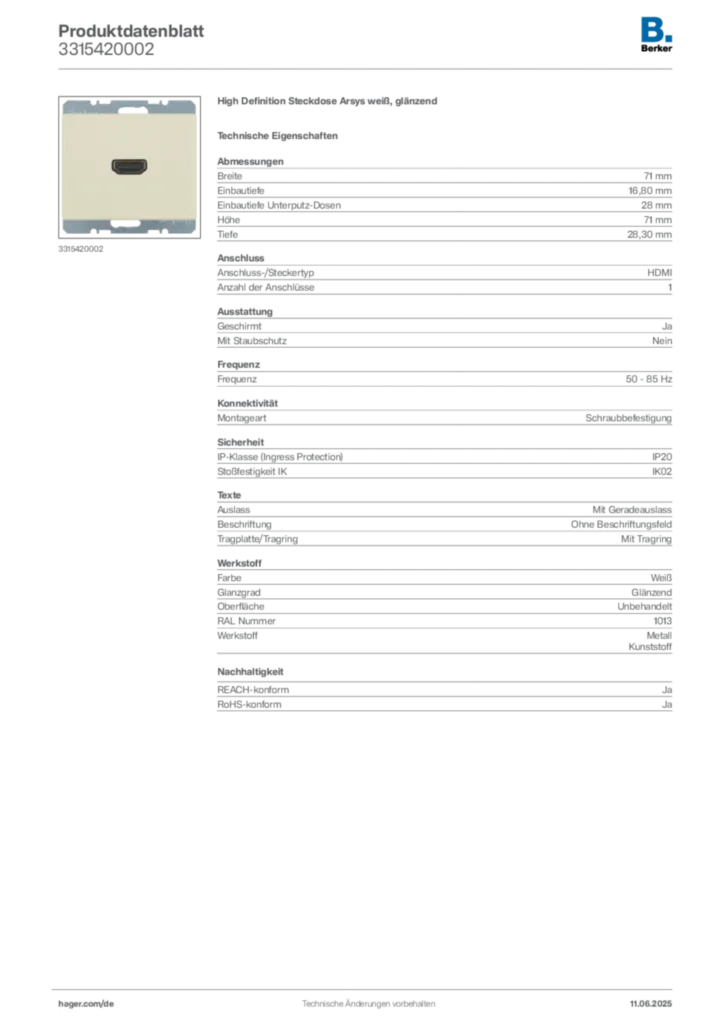 Bild Berker Produktdatenblatt 3315420002 | Hager Deutschland
