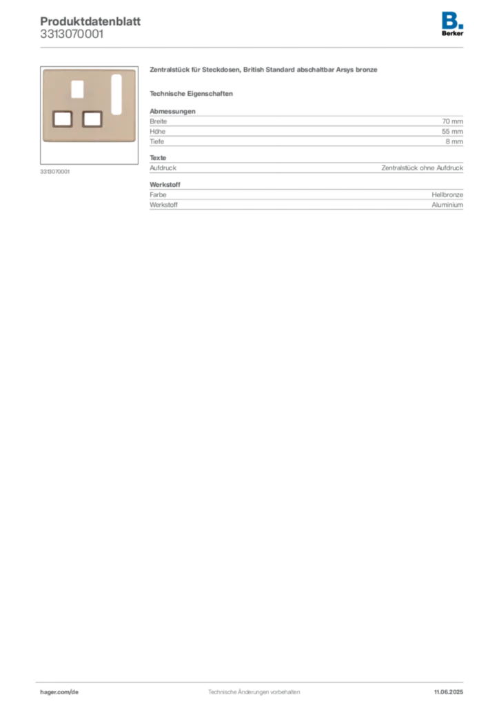 Bild Berker Produktdatenblatt 3313070001 | Hager Deutschland