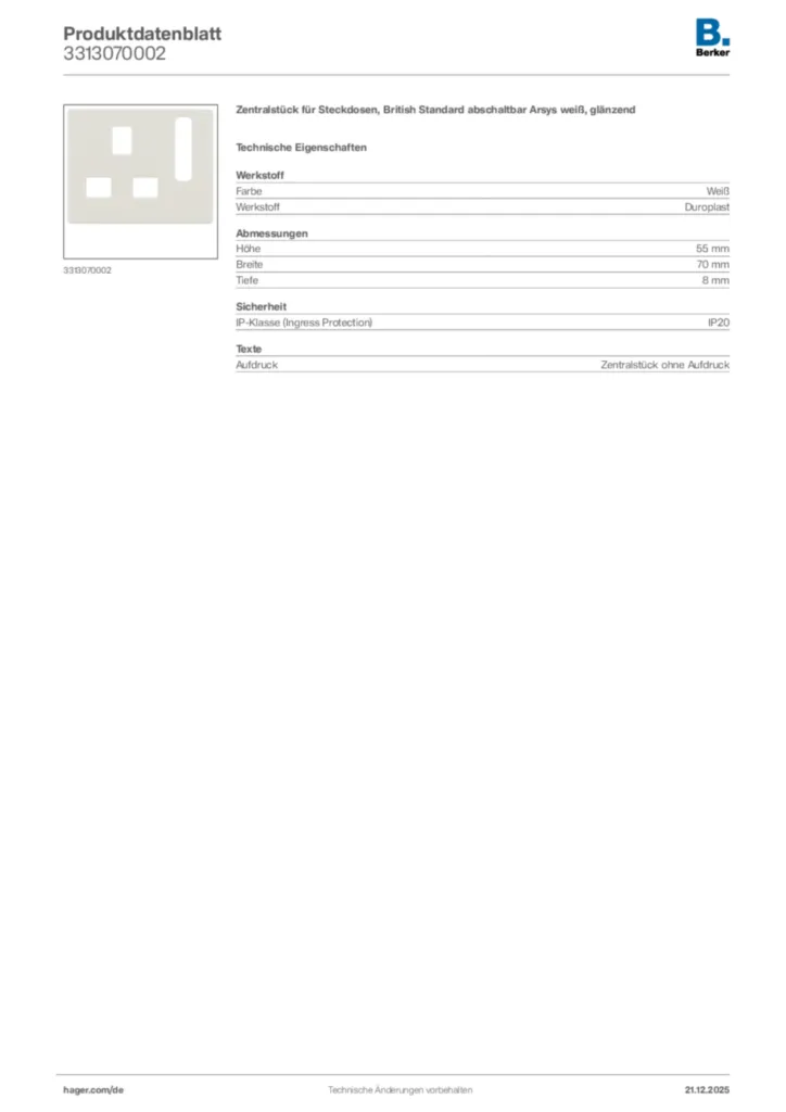 Bild Berker Produktdatenblatt 3313070002 | Hager Deutschland