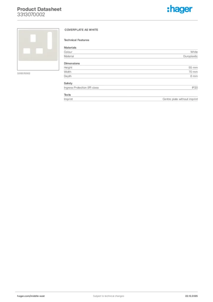 Image Hager Product data sheet 3313070002  | Hager