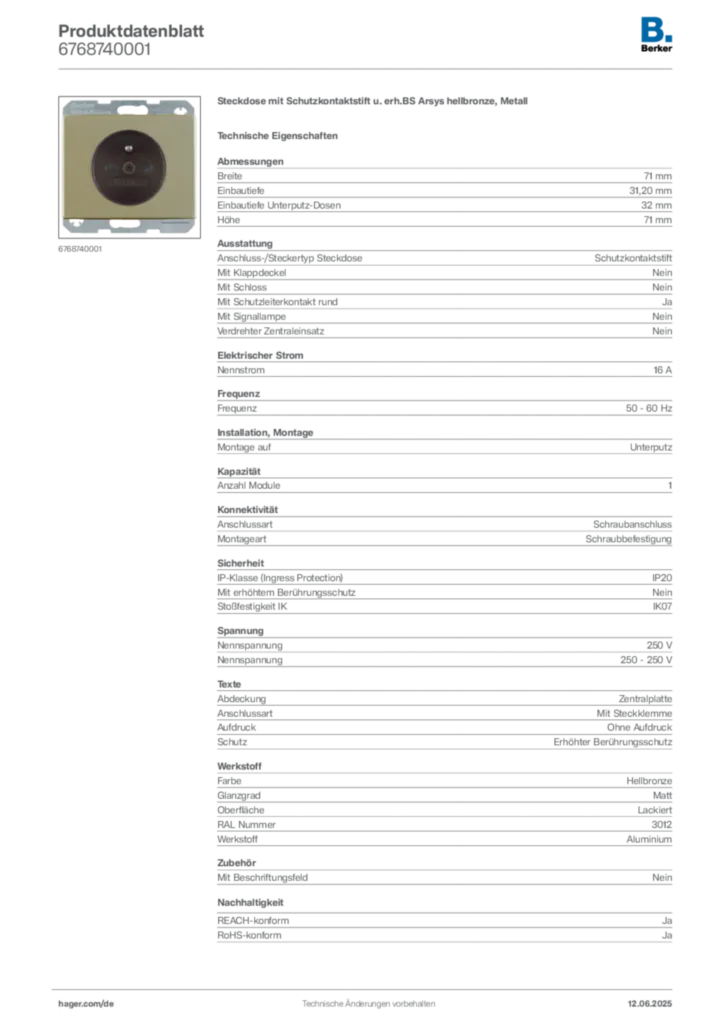 Bild Berker Produktdatenblatt 6768740001 | Hager Deutschland