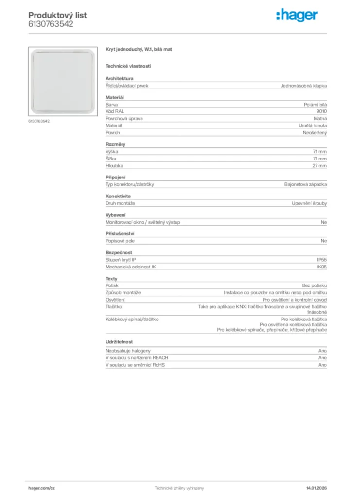 Obrázek Hager Product data sheet 6130763542 | Hager