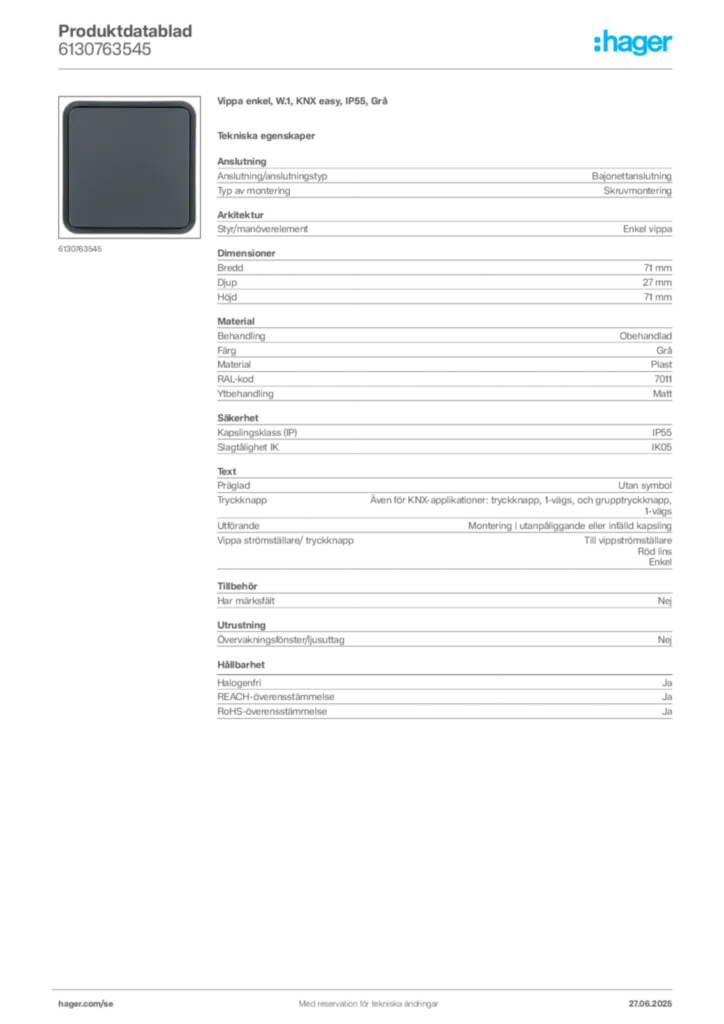 Bild Hager Produktdatablad 6130763545 | Hager Sverige