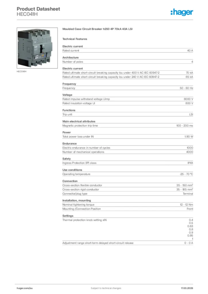 Image Hager Product data sheet HEC041H  | Hager Australia