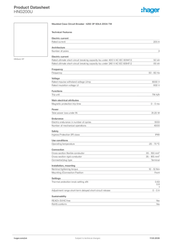Image Hager Product data sheet HNG200U  | Hager