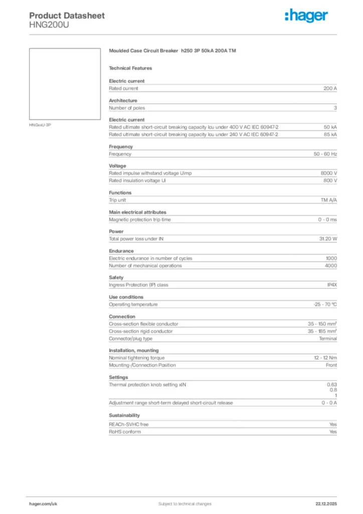Image Hager Product data sheet HNG200U  | Hager