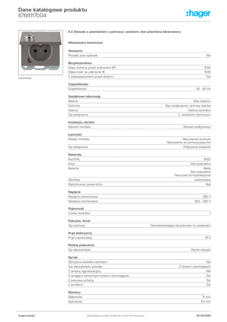 Zdjęcie Hager Dane katalogowe produktu 6768117004 | Hager Polska
