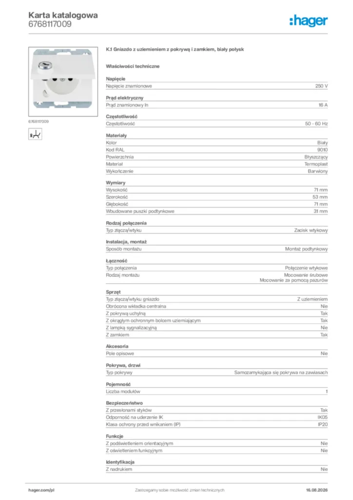 Zdjęcie Hager Karta katalogowa 6768117009 | Hager Polska