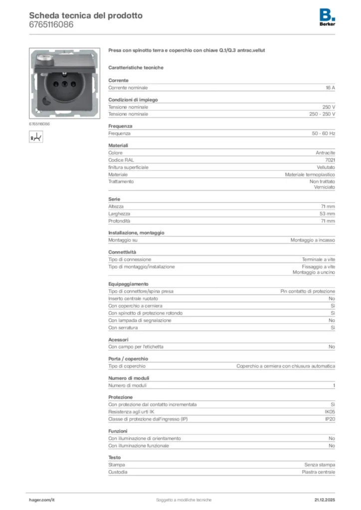 Immagine Berker Scheda tecnica del prodotto 6765116086 | Hager Italia