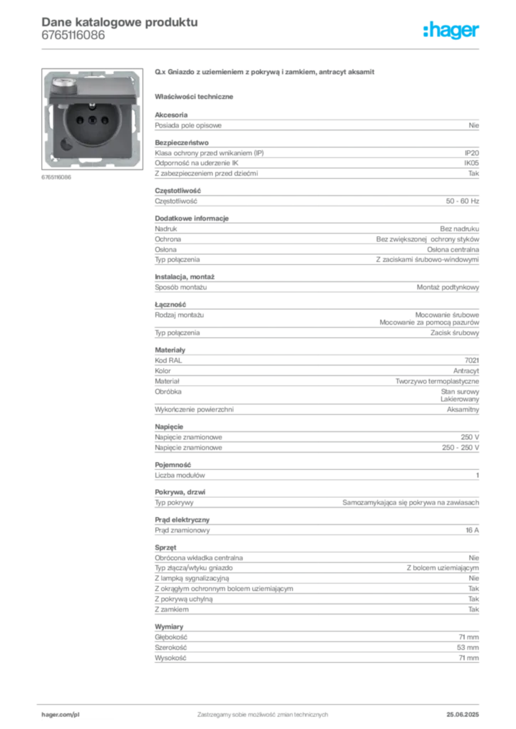 Zdjęcie Hager Dane katalogowe produktu 6765116086 | Hager Polska