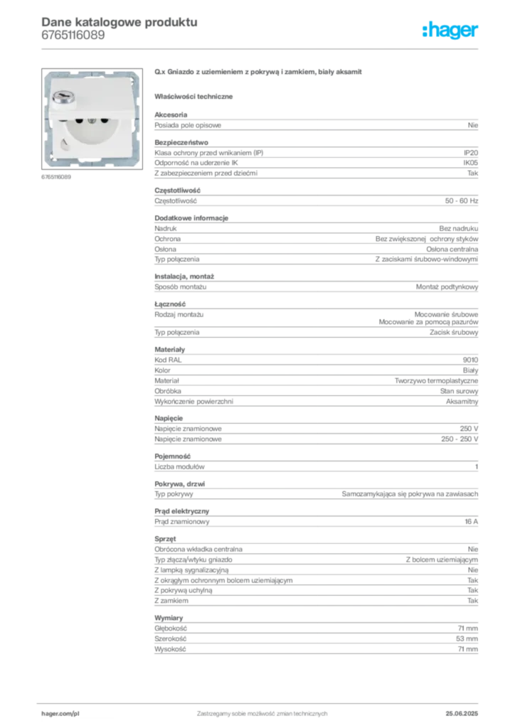 Zdjęcie Hager Dane katalogowe produktu 6765116089 | Hager Polska