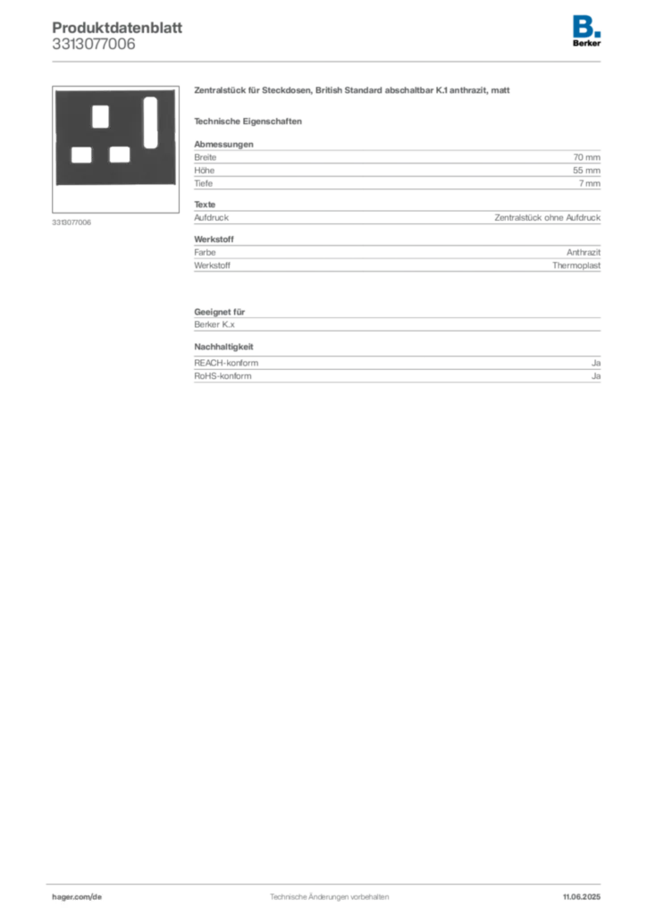 Bild Berker Produktdatenblatt 3313077006 | Hager Deutschland