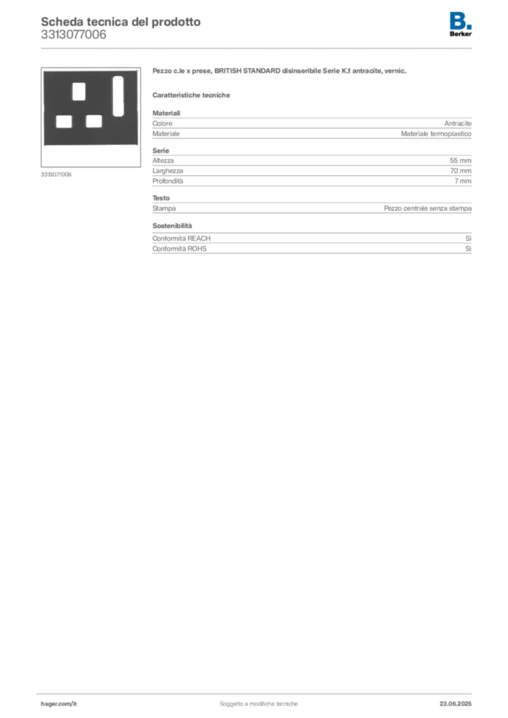 Immagine Berker Scheda tecnica del prodotto 3313077006 | Hager Italia