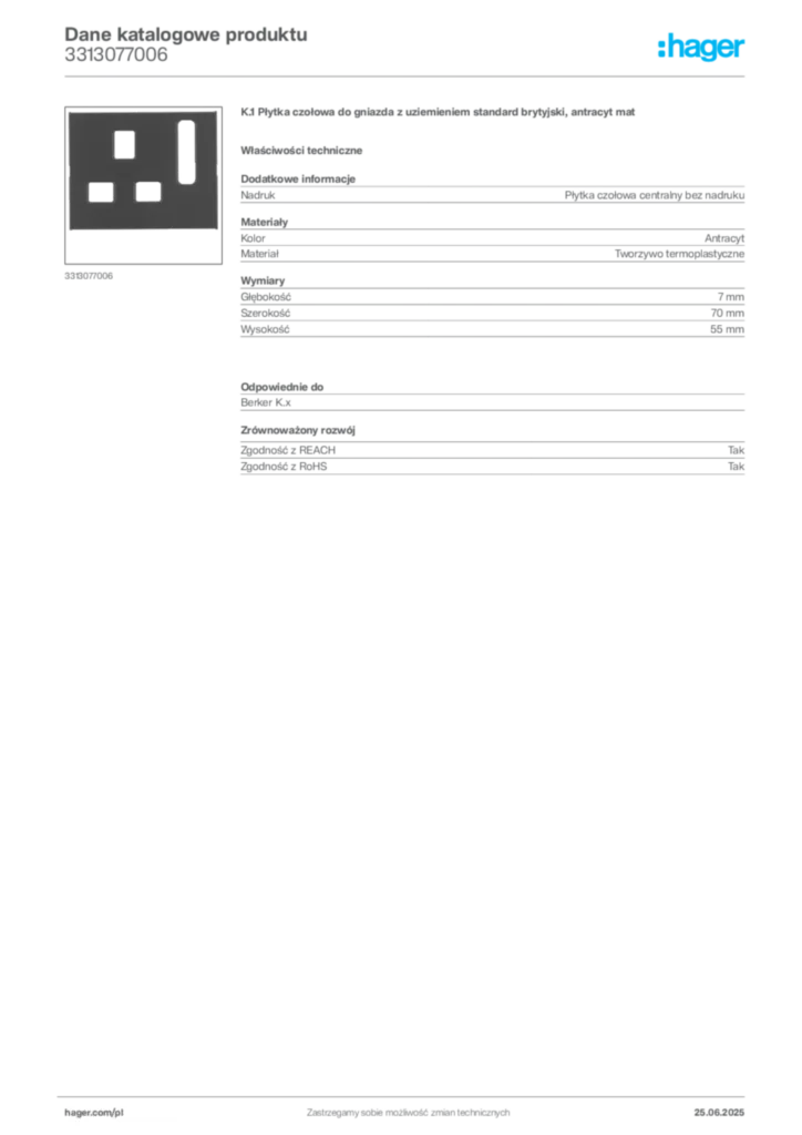 Zdjęcie Hager Dane katalogowe produktu 3313077006 | Hager Polska