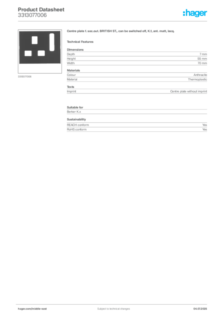 Image Hager Product data sheet 3313077006  | Hager