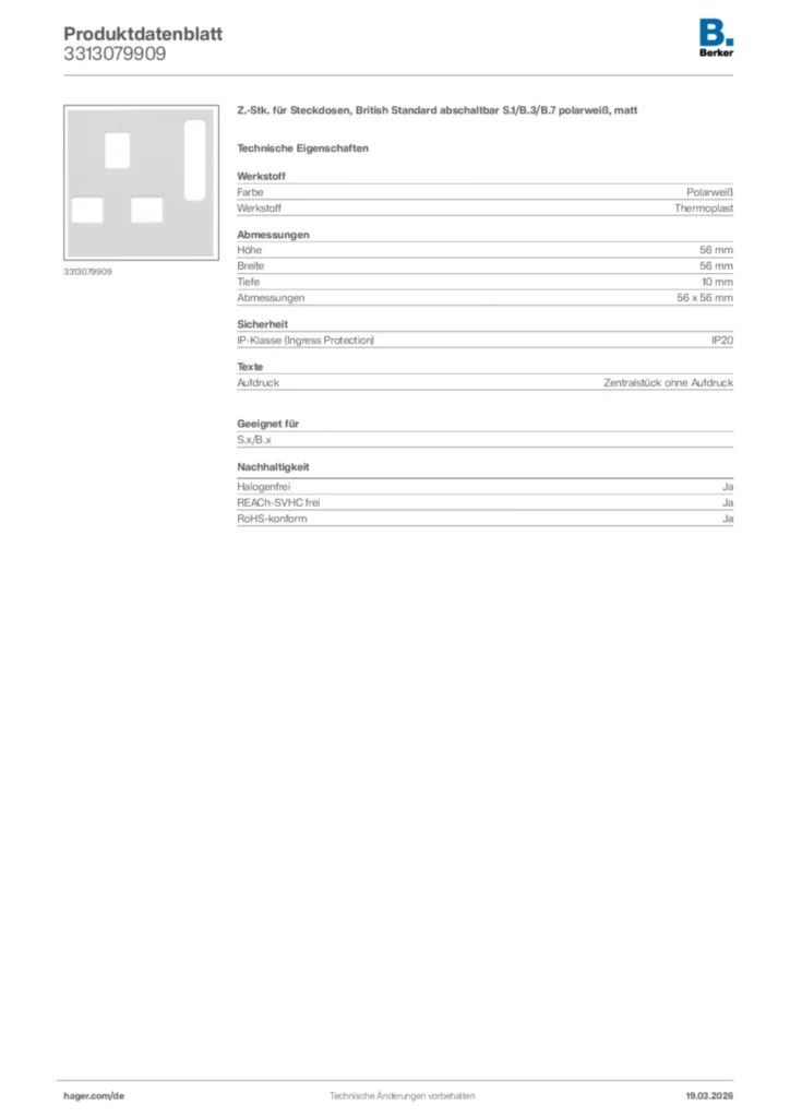 Bild Berker Produktdatenblatt 3313079909 | Hager Deutschland