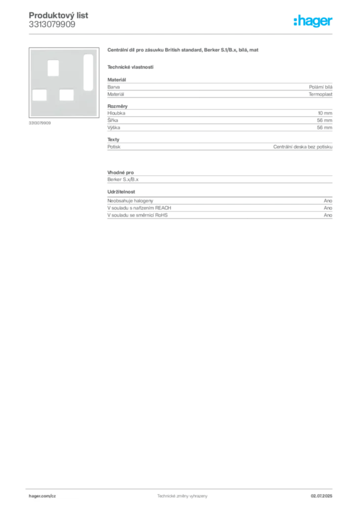Obrázek Hager Produktový list 3313079909 | Hager