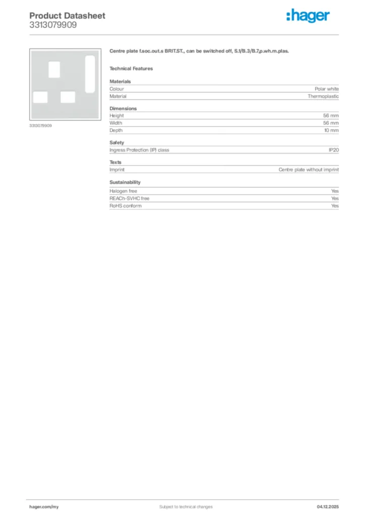 Image Hager Product data sheet 3313079909  | Hager