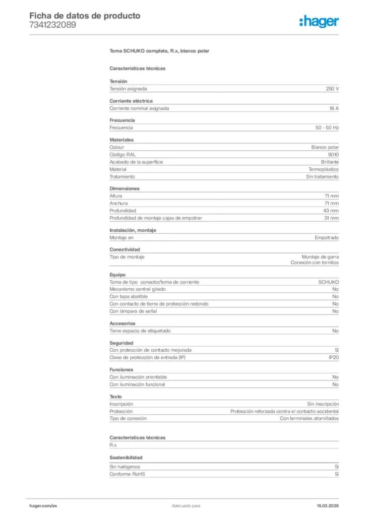 Imagen Hager Ficha de datos de producto 7341232089 | Hager España