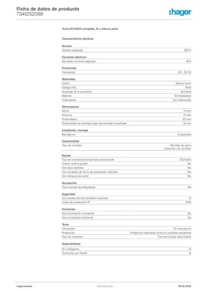Imagen Hager Ficha de datos de producto 7341232089 | Hager España