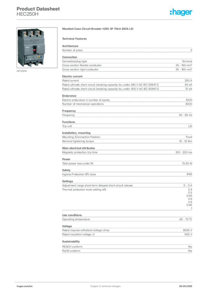 Image Hager Product data sheet HEC250H  | Hager