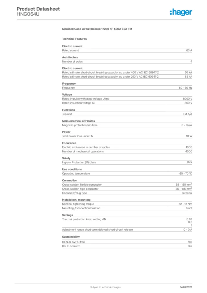 Image Hager Product data sheet HNG064U  | Hager