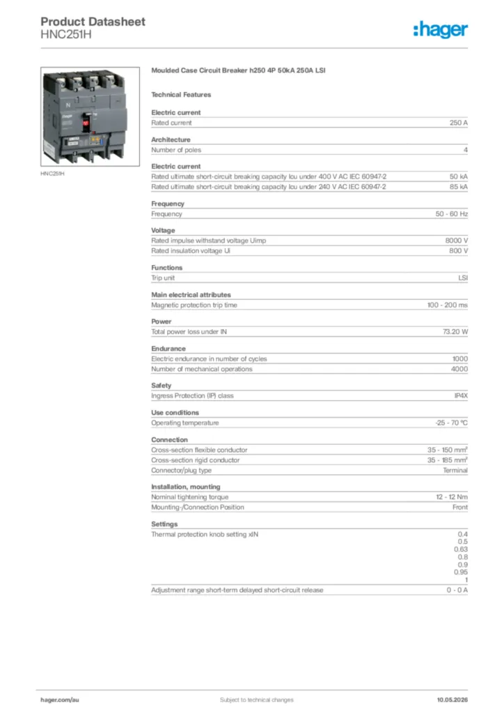 Image Hager Product data sheet HNC251H  | Hager Australia