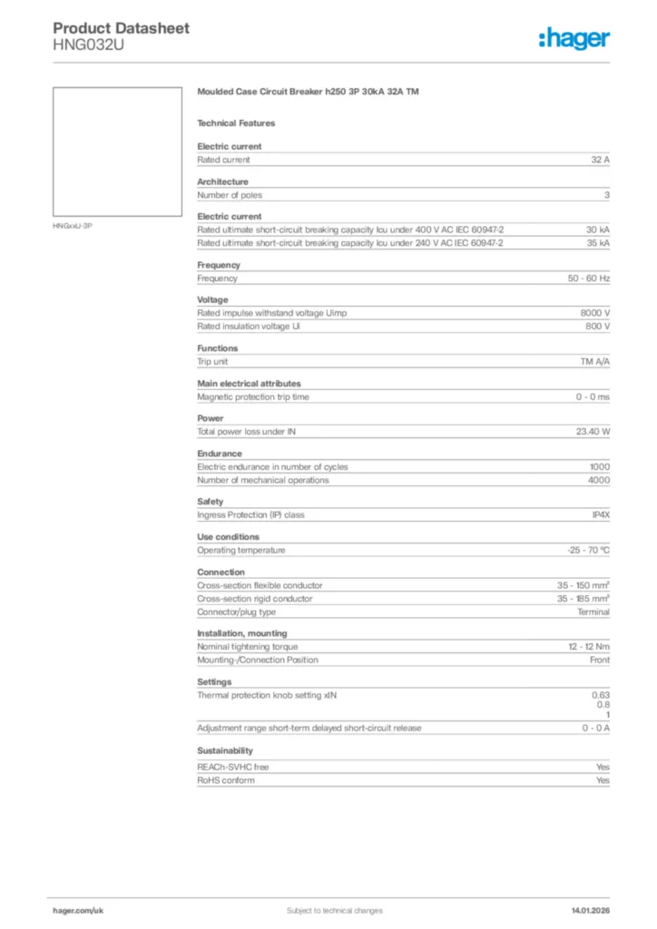 Image Hager Product data sheet HNG032U  | Hager