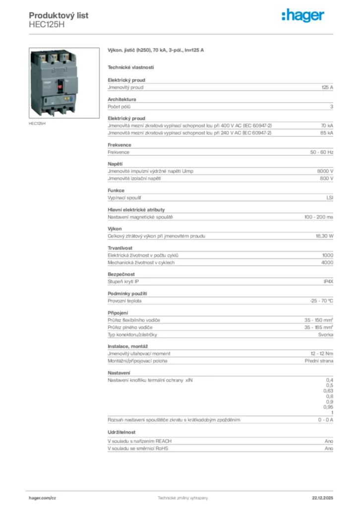 Obrázek Hager Produktový list HEC125H | Hager