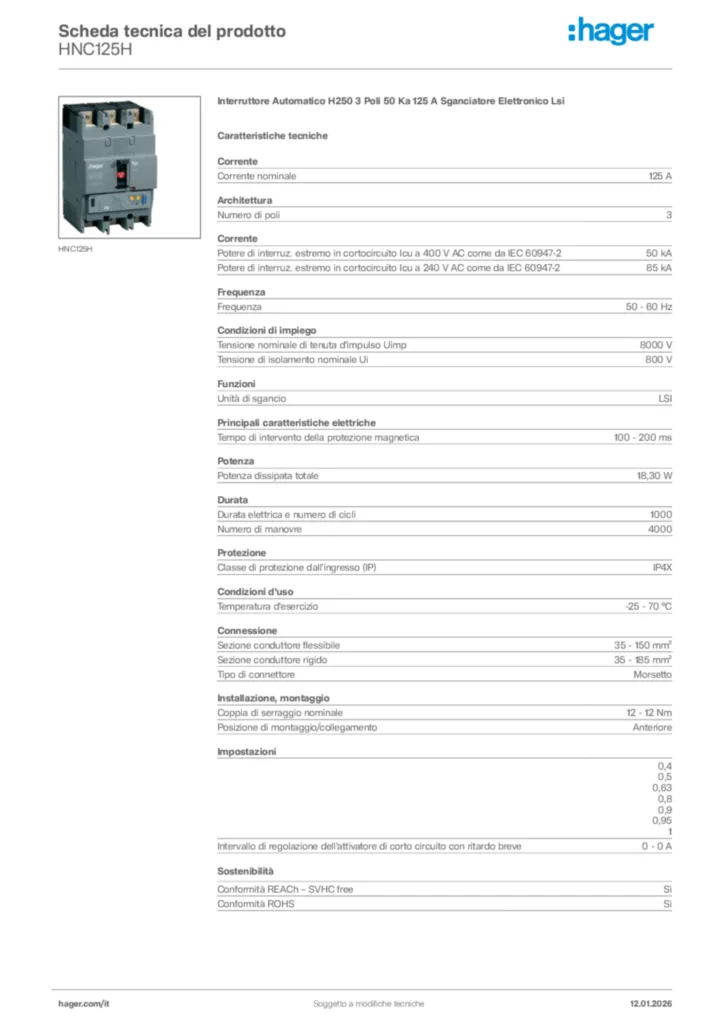 Immagine Hager Scheda tecnica del prodotto HNC125H | Hager Italia