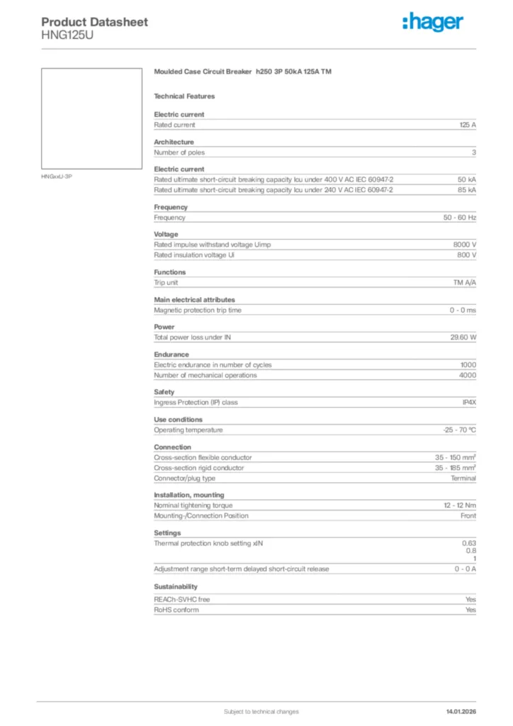 Image Hager Product data sheet HNG125U  | Hager