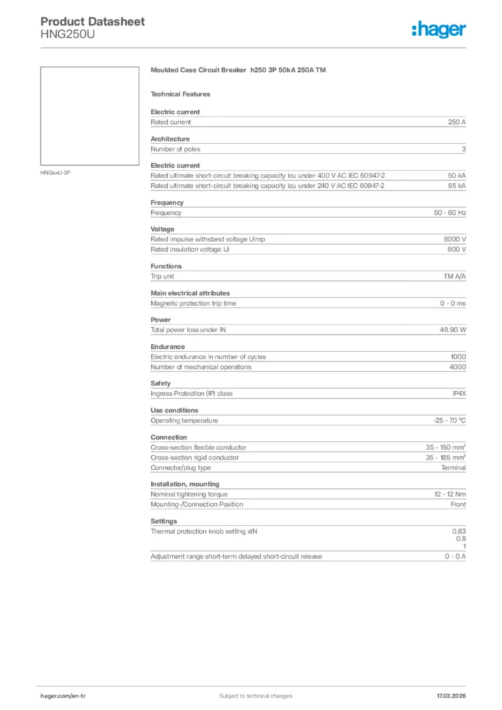 Image Hager Product data sheet HNG250U  | Hager
