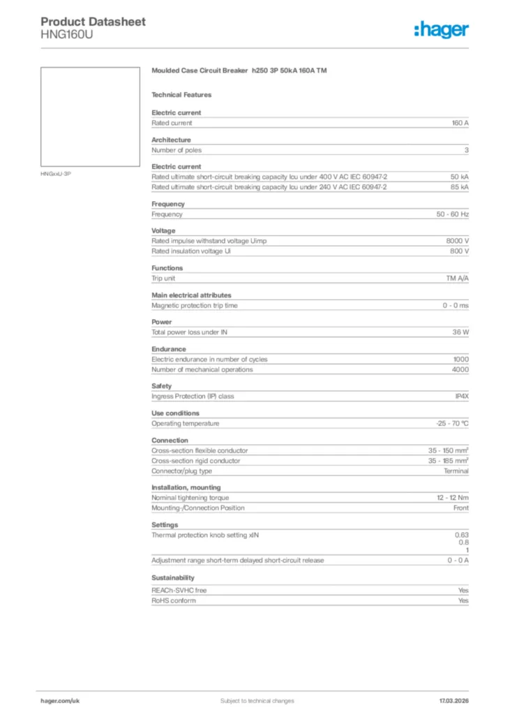 Image Hager Product data sheet HNG160U  | Hager