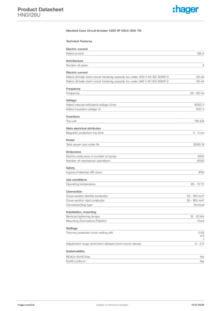 Image Hager Product data sheet HNG126U  | Hager