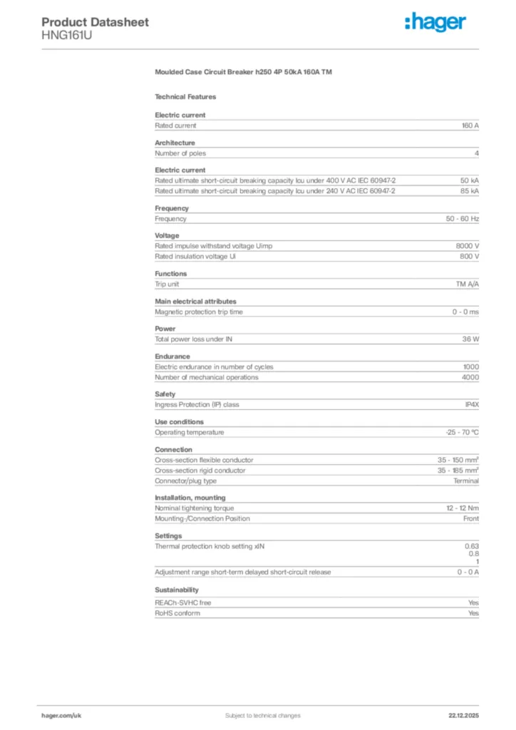 Image Hager Product data sheet HNG161U  | Hager