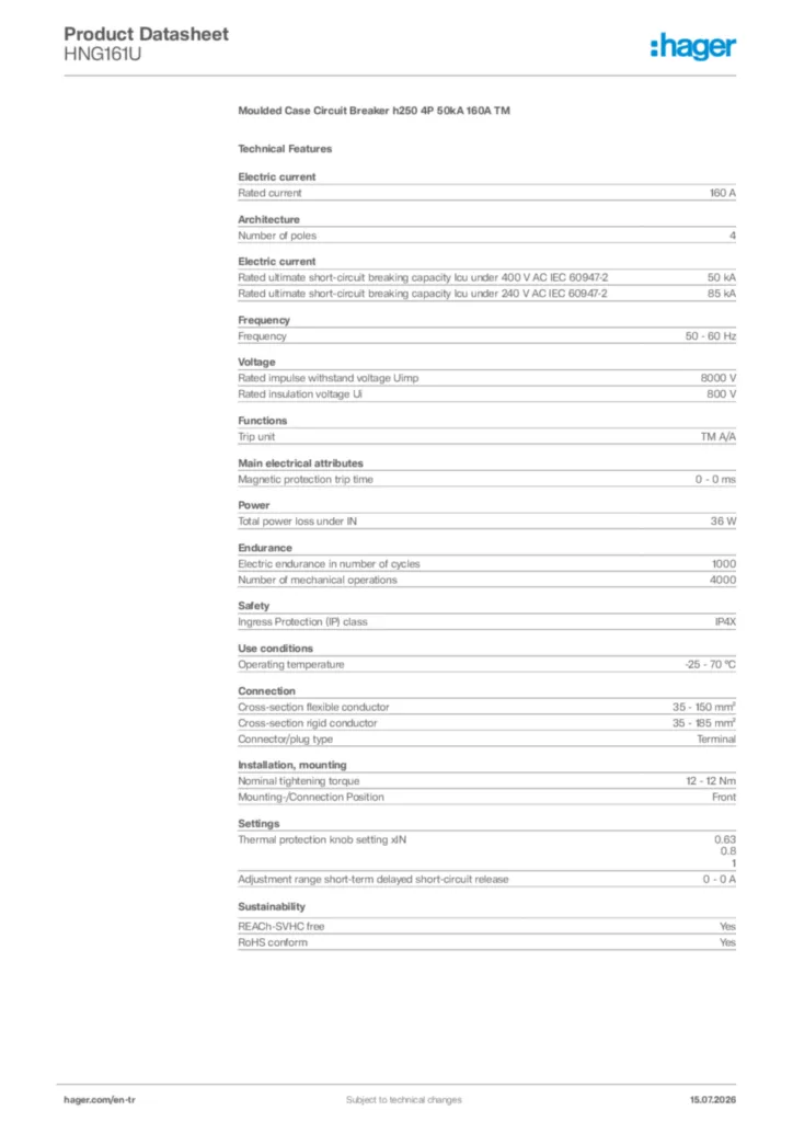 Image Hager Product data sheet HNG161U  | Hager